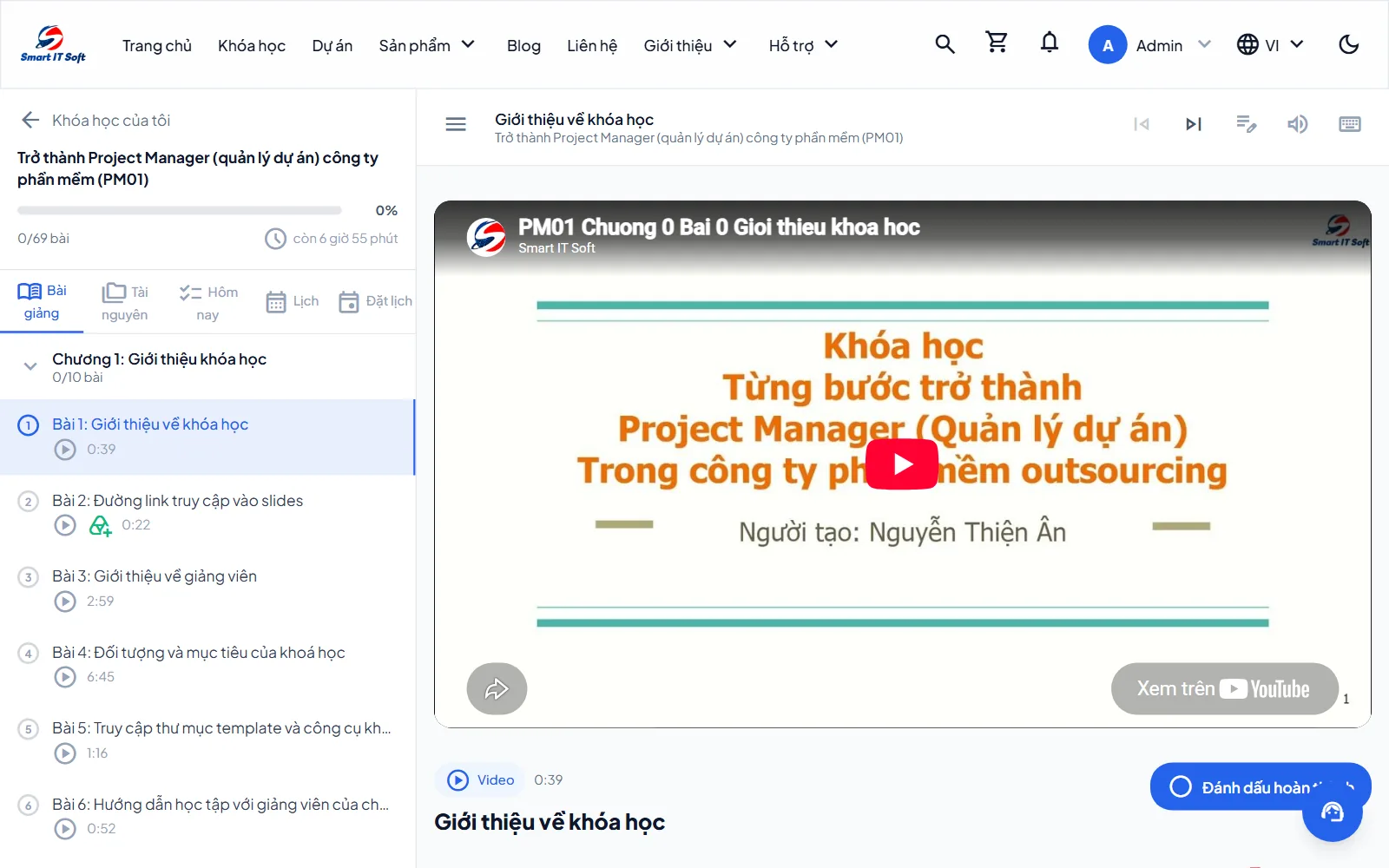 Trang học: cột trái là danh sách bài, giữa là nội dung bài