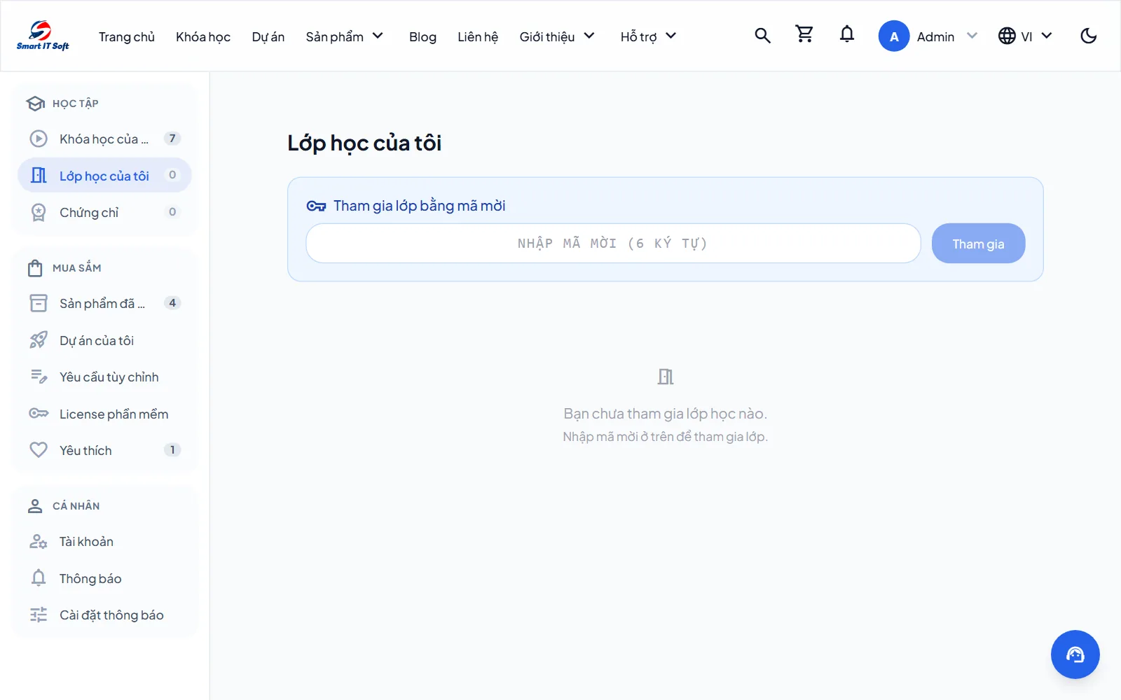 Trang Lớp học của tôi với ô nhập mã mời