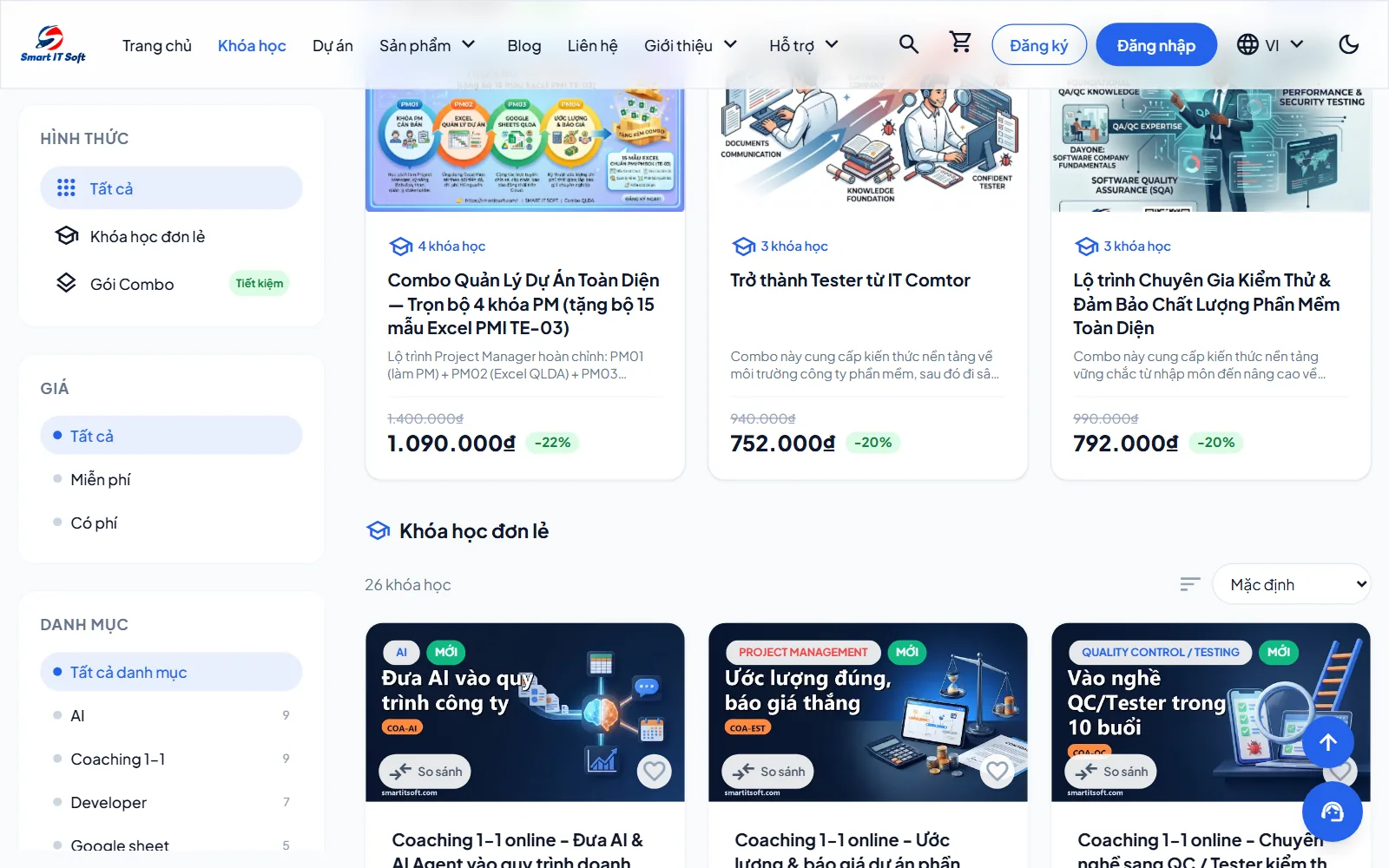 Trang Khóa học với bộ lọc bên trái