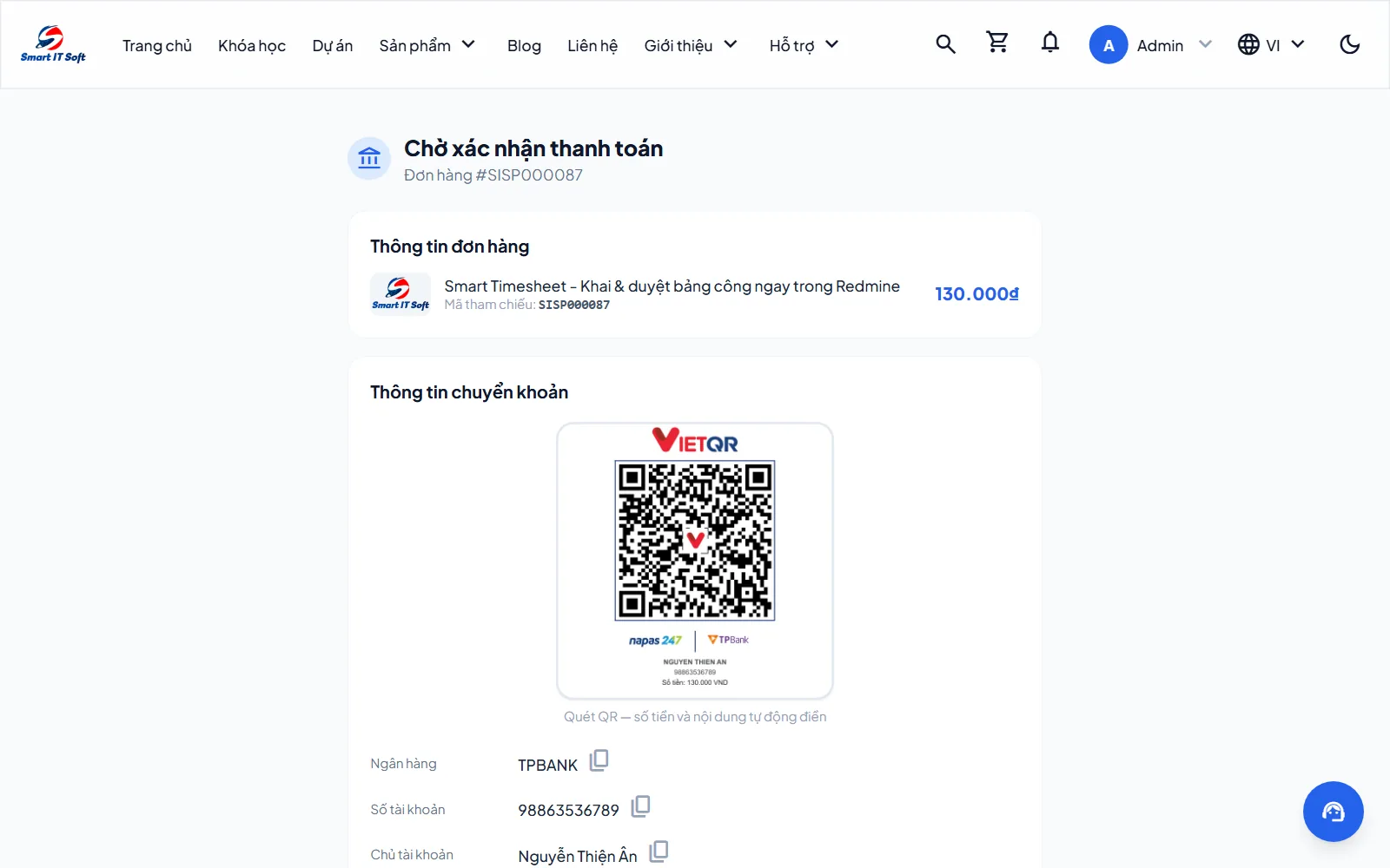 Trang thanh toán chuyển khoản với mã QR