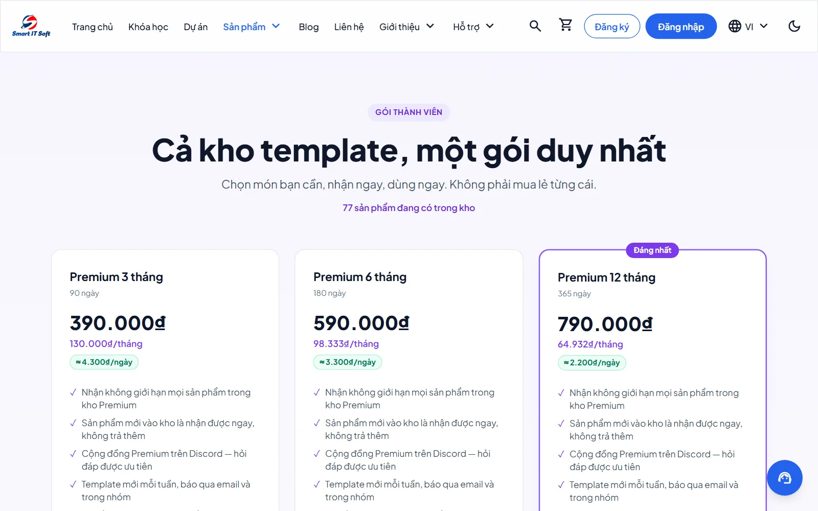 Trang Premium với bảng gói và kho sản phẩm
