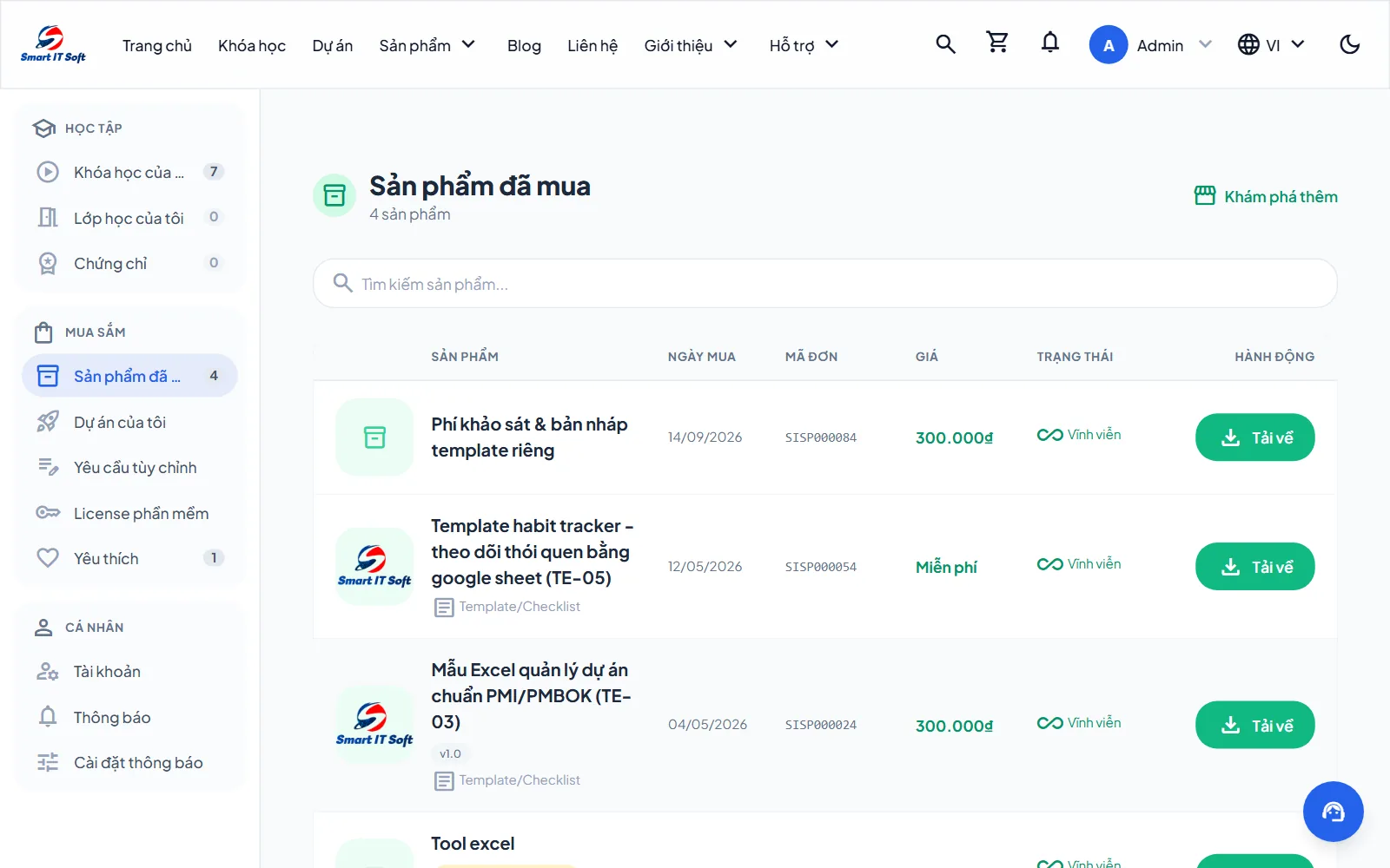 Trang Sản phẩm đã mua